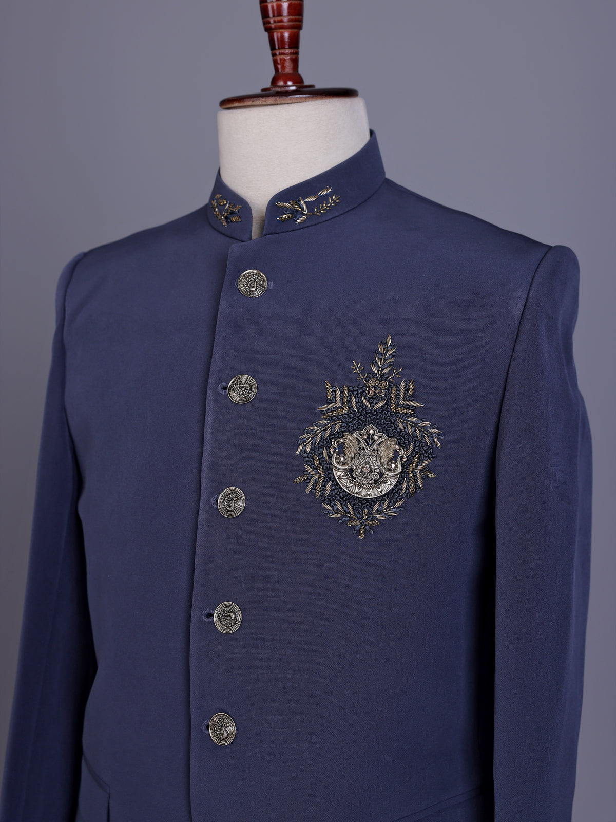 Stone blue royal crest mens jodhpuri suit