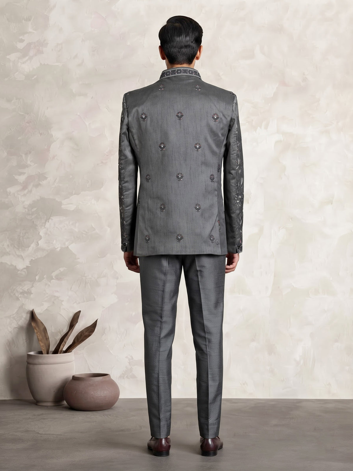 Charcoal grey raw silk jodhpuri suit for mens with resham work