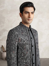 Charcoal grey raw silk jodhpuri suit for mens with resham work