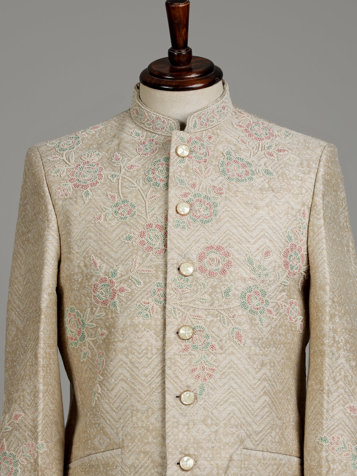 Light beige premium jacquard jodhpuri suit for mens with resham