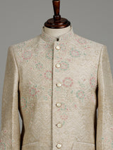 Light beige premium jacquard jodhpuri suit for mens with resham