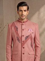 Muted pink textured jodhpuri suit for mens with floral beadwork