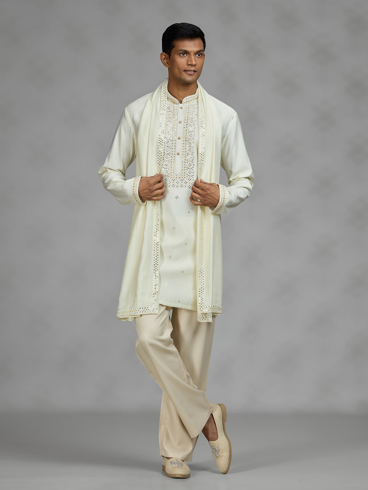 Cream lattice mens kurta suit
