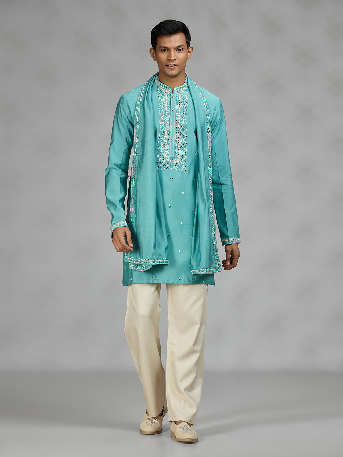 Firozi blue lattice mens kurta suit