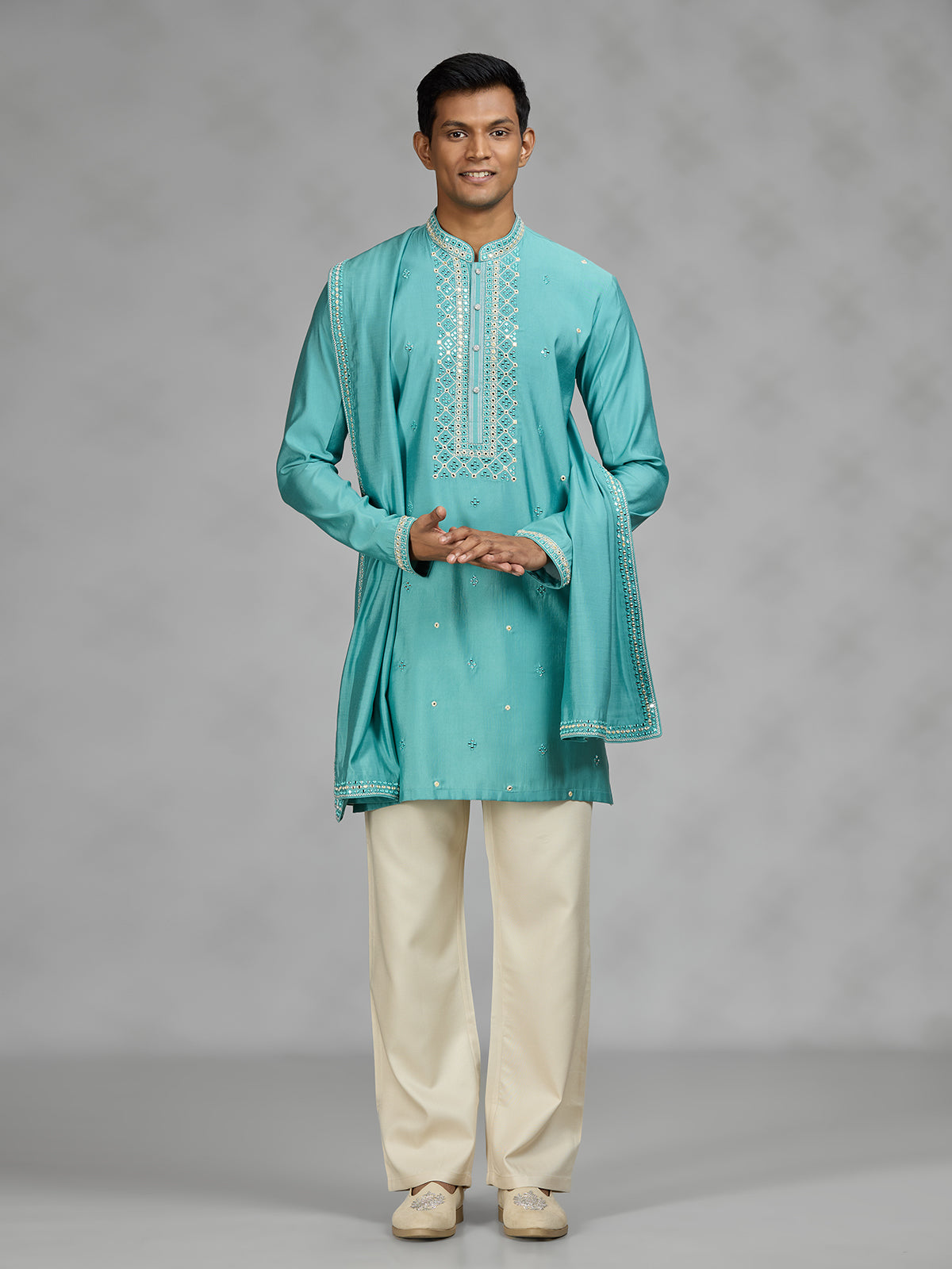 Firozi blue lattice mens kurta suit