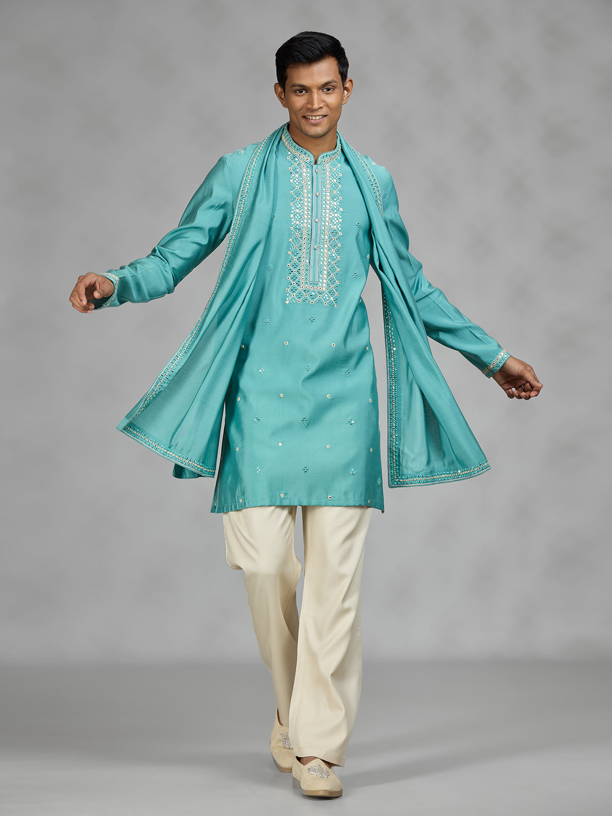 Firozi blue lattice mens kurta suit