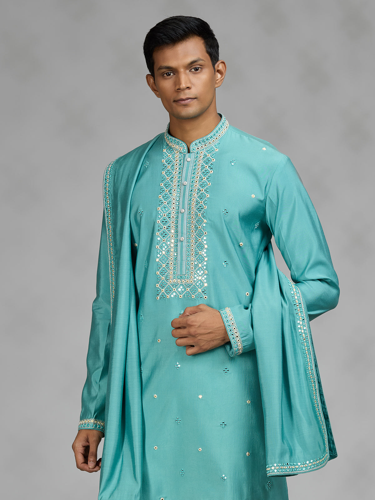 Firozi blue lattice mens kurta suit