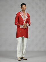 Rust orange floral mens kurta pajama