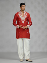 Rust orange floral mens kurta pajama