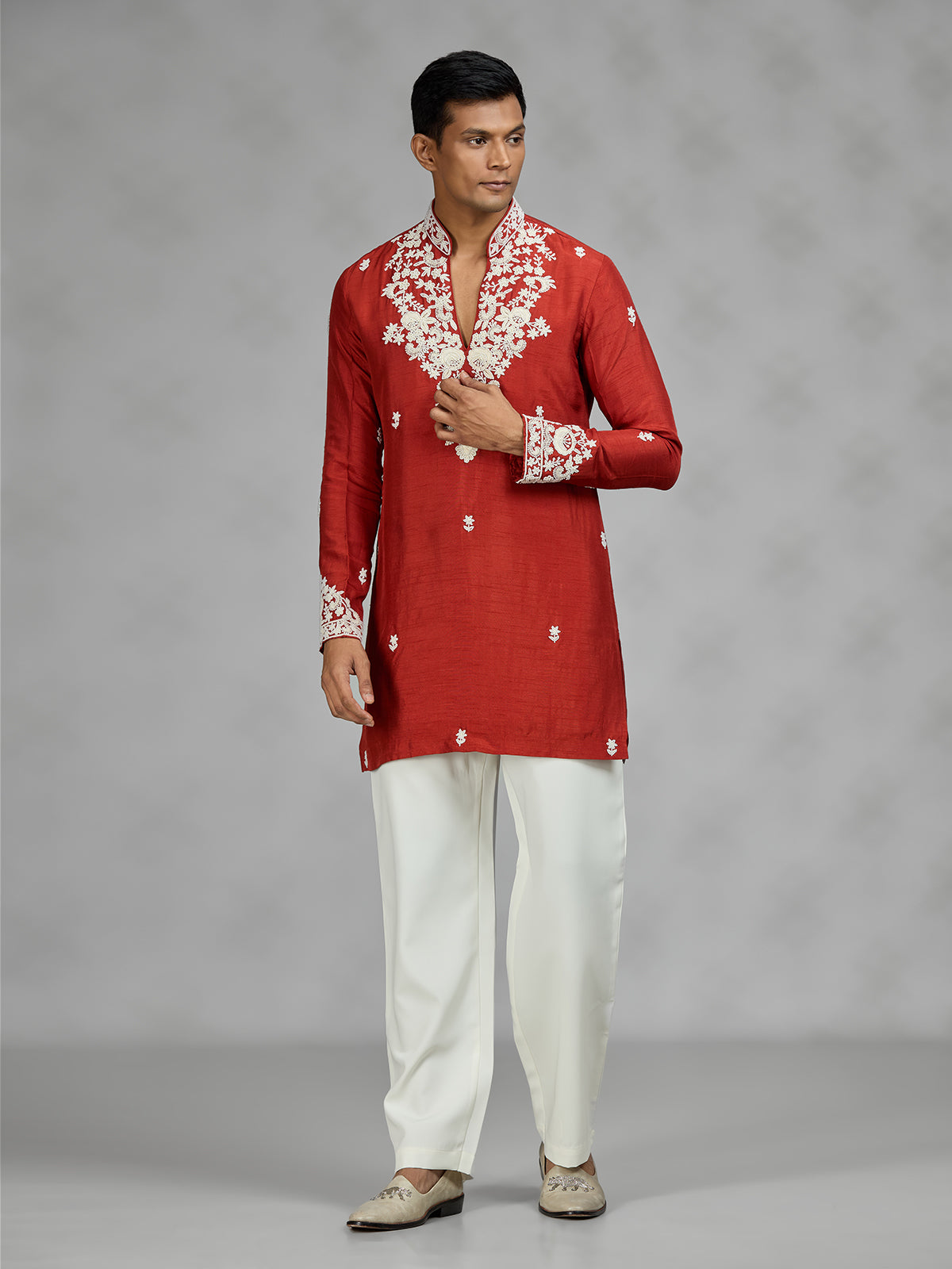 Rust orange floral mens kurta pajama