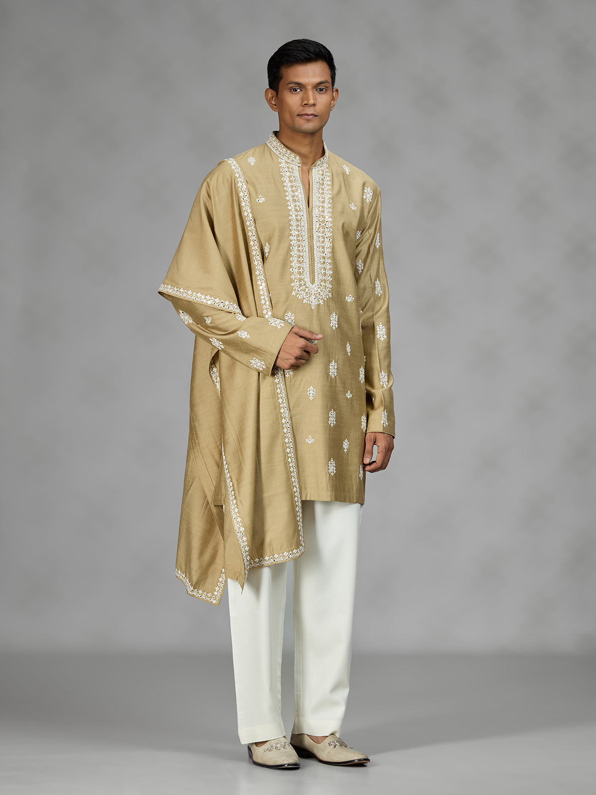 Khakhi zardosi mens kurta suit