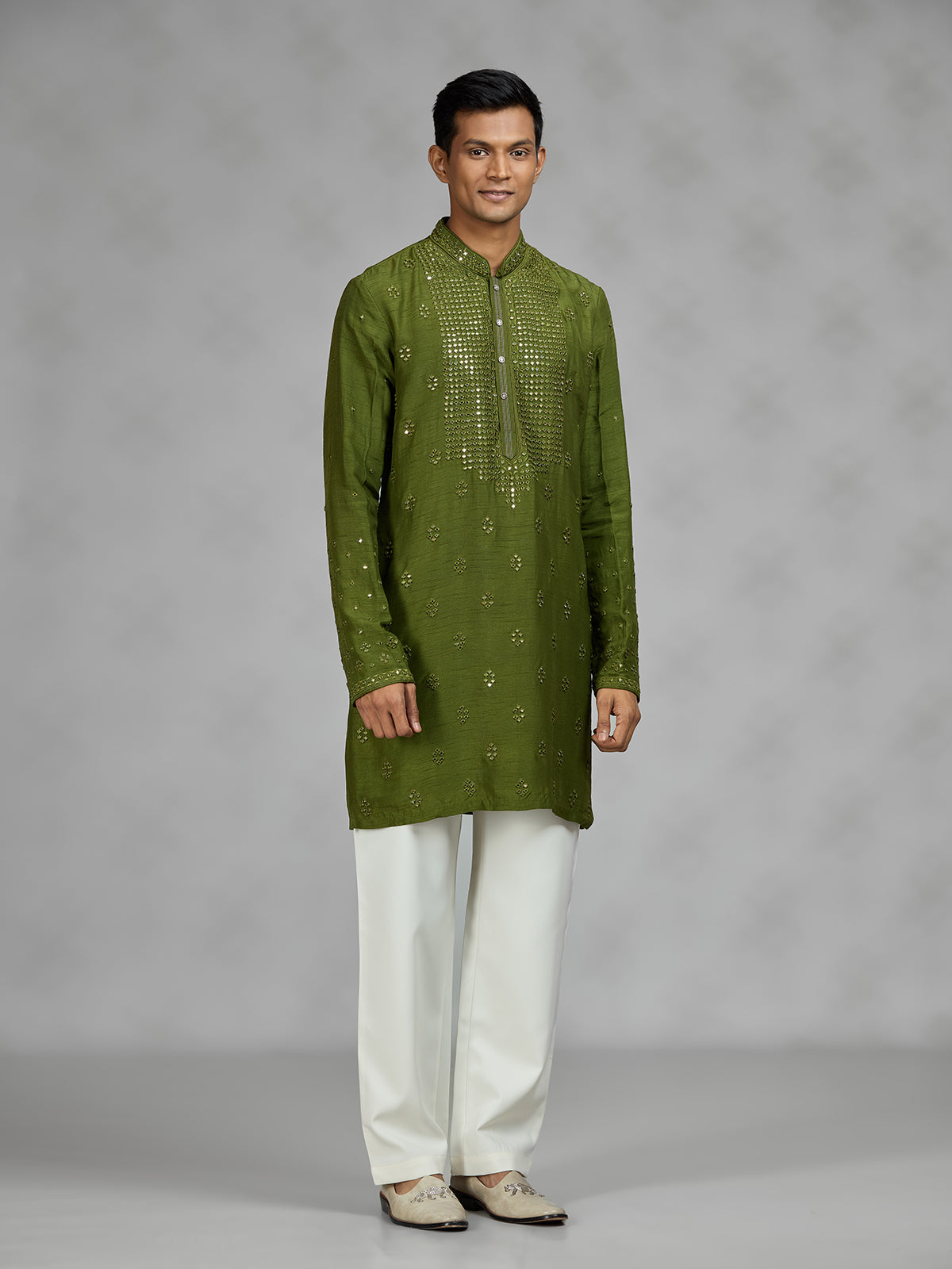 Green aabla embroidered mens kurta pajama