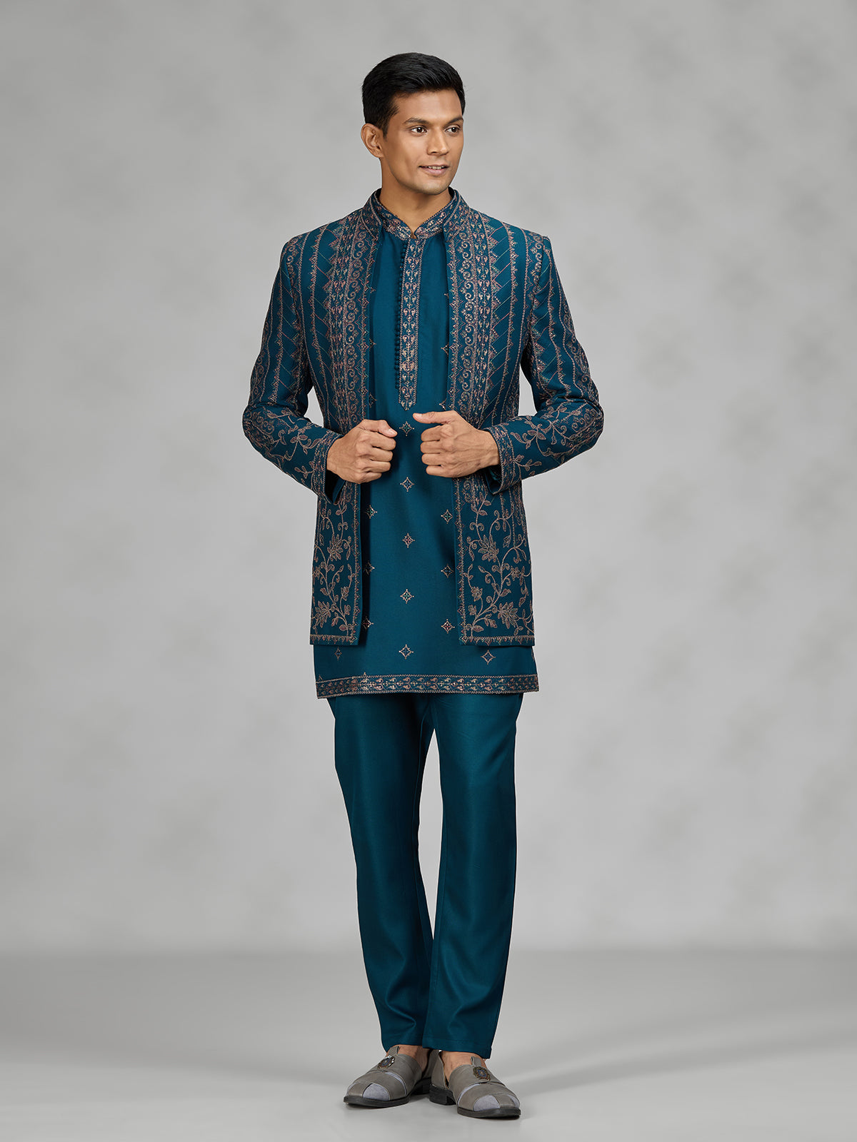 Teal blue layered mens indo western