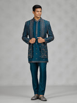Teal blue layered mens indo western