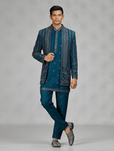 Teal blue layered mens indo western