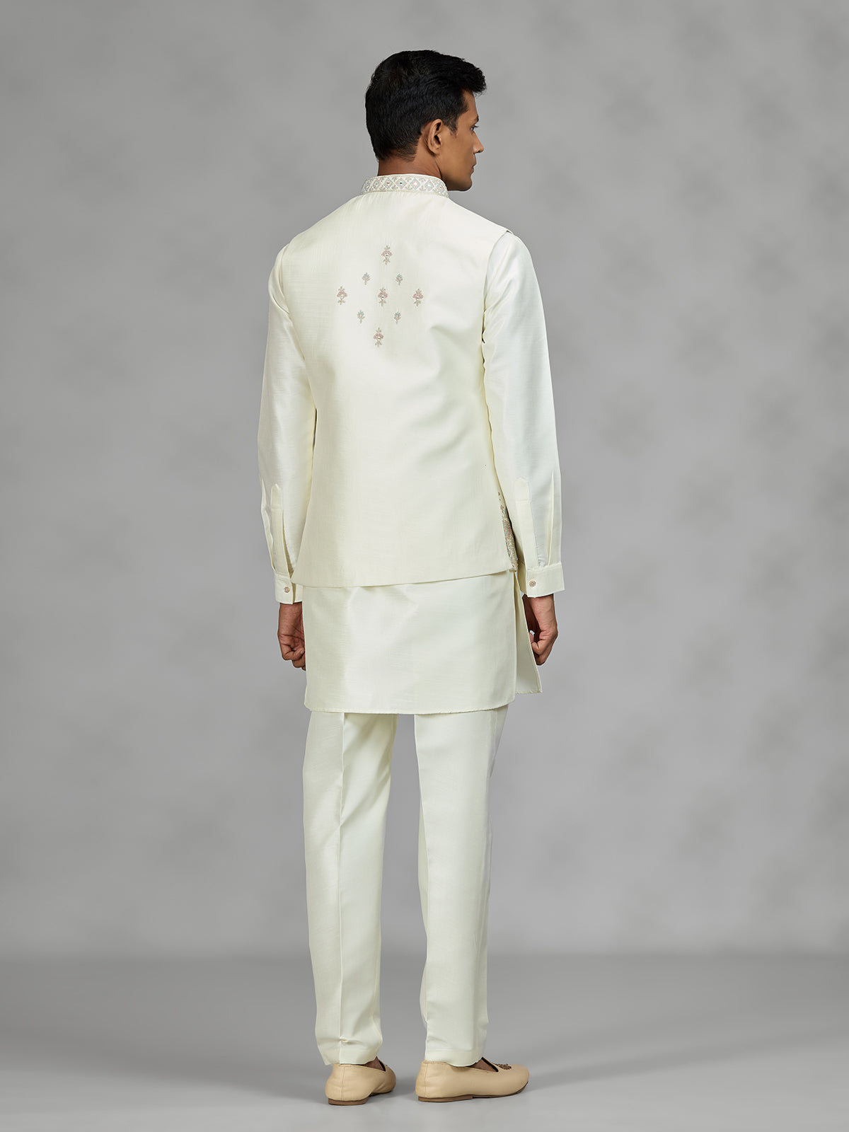Cream floral bundi mens waistcoat set