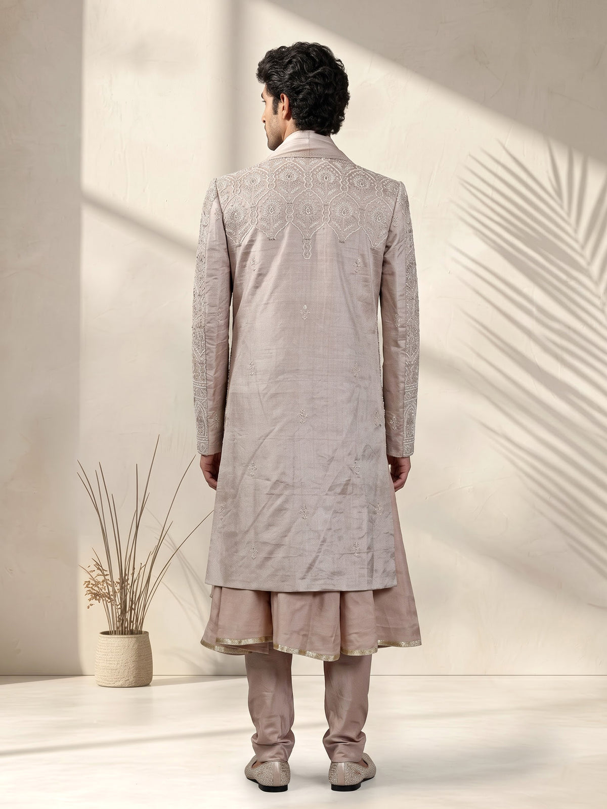 Dusty rose beige embellished silk sherwani with dupatta for mens