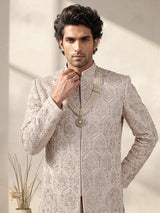 Dusty rose beige embellished silk sherwani with dupatta for mens