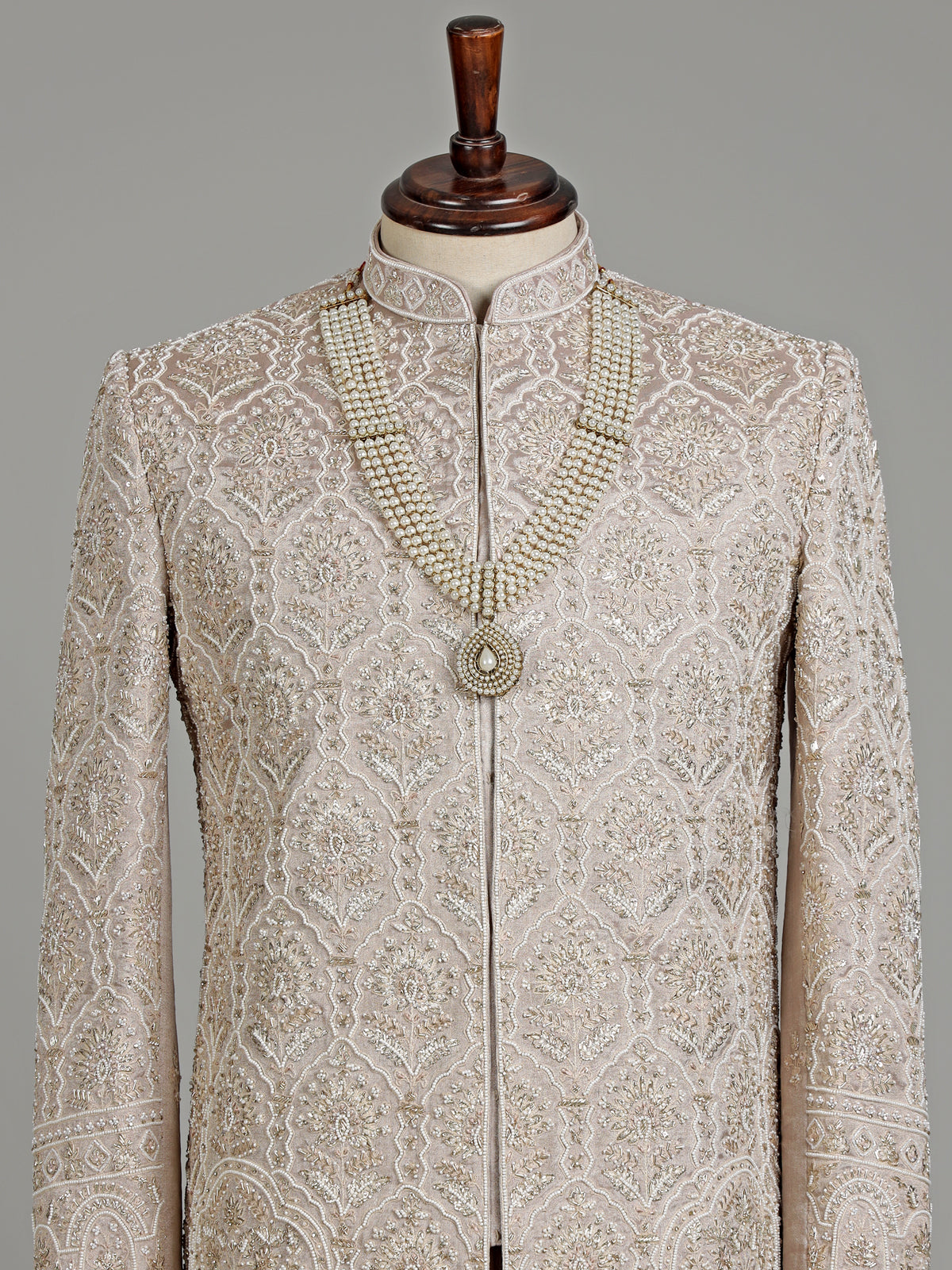Dusty rose beige embellished silk sherwani with dupatta for mens