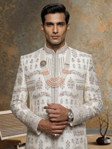 Ivory cream raw silk elephant jaal sherwani for mens