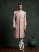 Pastel blush peach embellished silk sherwani for mens weddings
