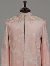 Pastel blush peach embellished silk sherwani for mens weddings