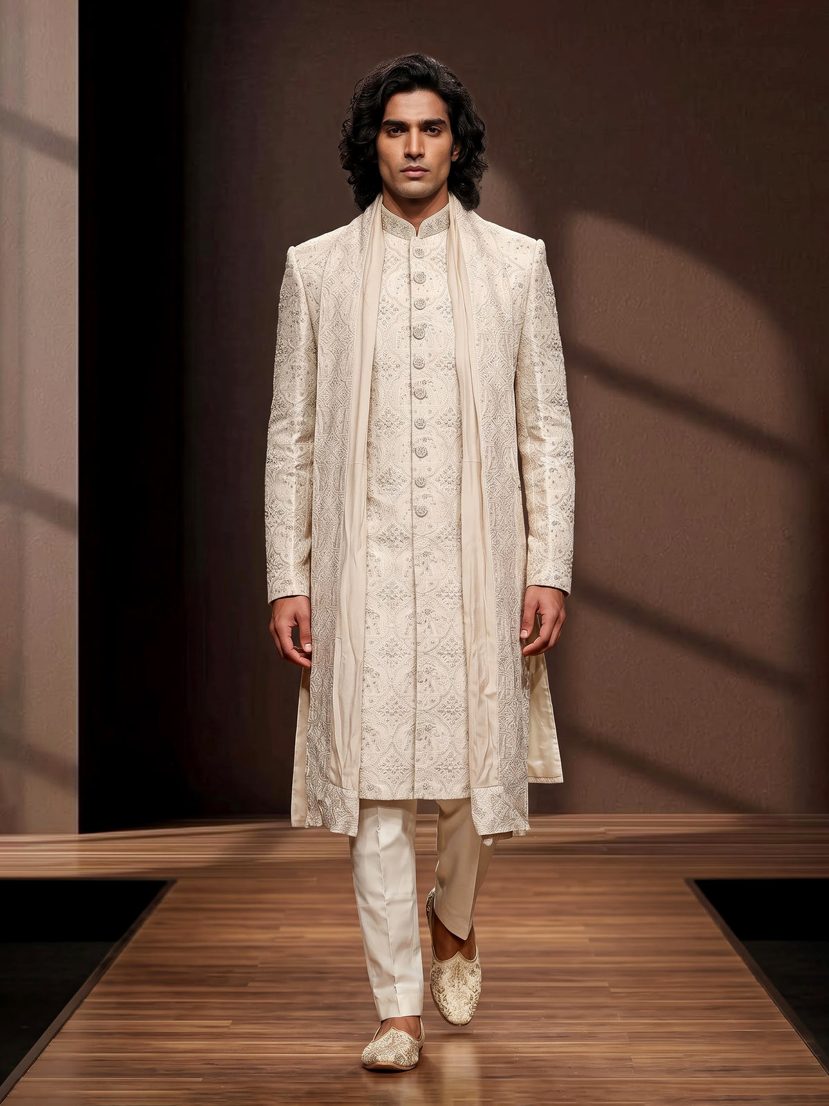 Beige silk floral zardosi sherwani with dupatta for mens weddings