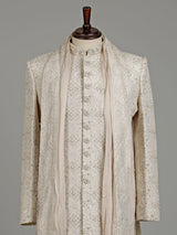 Beige silk floral zardosi sherwani with dupatta for mens weddings