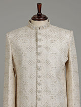 Beige silk floral zardosi sherwani with dupatta for mens weddings