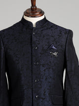 Black mens blue textured jacquard brooch jodhpuri suit for weddings
