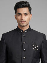 Black mens floral crest embroidered poly-viscose jodhpuri suit