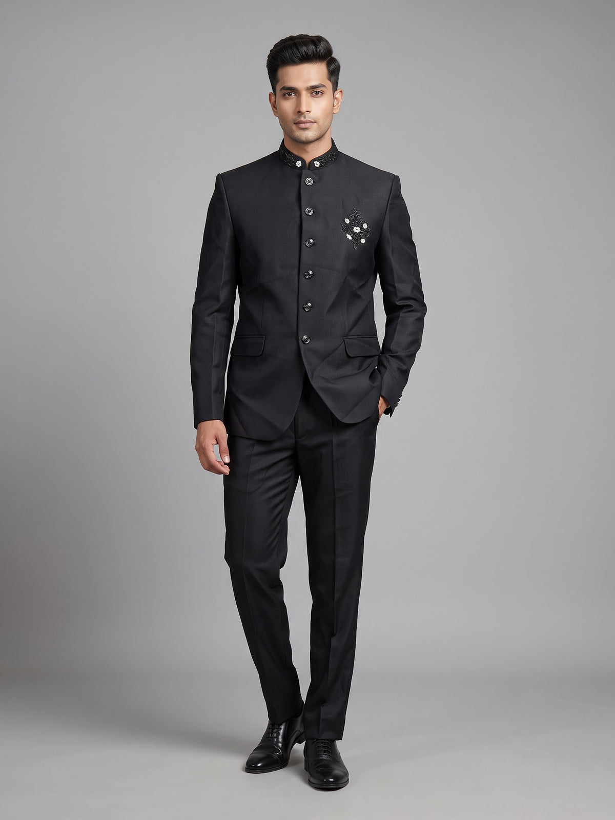 Black mens floral crest embroidered poly-viscose jodhpuri suit
