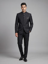 Black mens floral crest embroidered poly-viscose jodhpuri suit