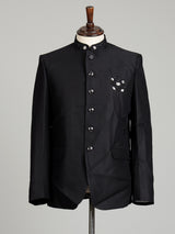 Black mens floral crest embroidered poly-viscose jodhpuri suit