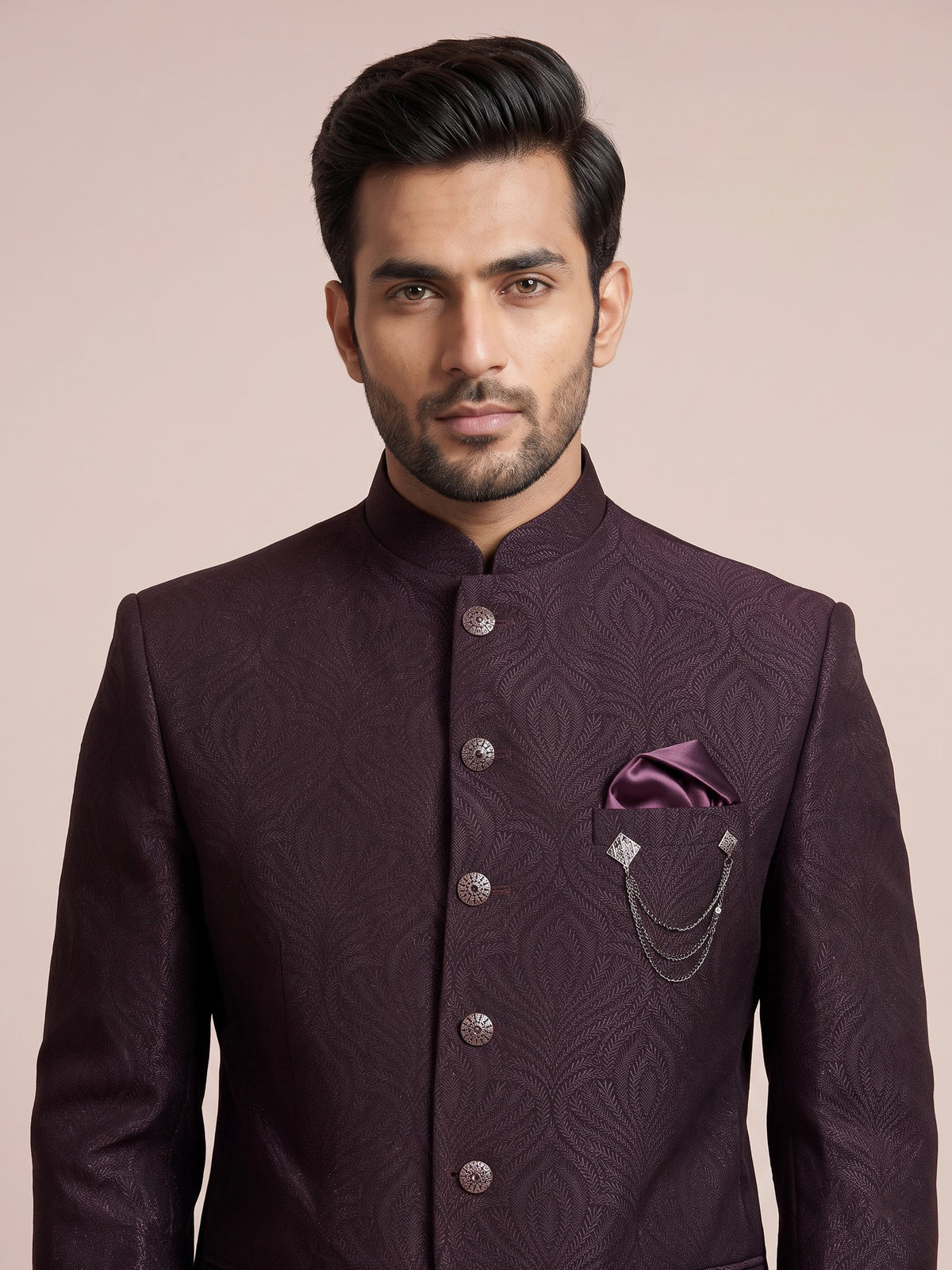 Wine mens textured jacquard designer button jodhpuri suit for weddings