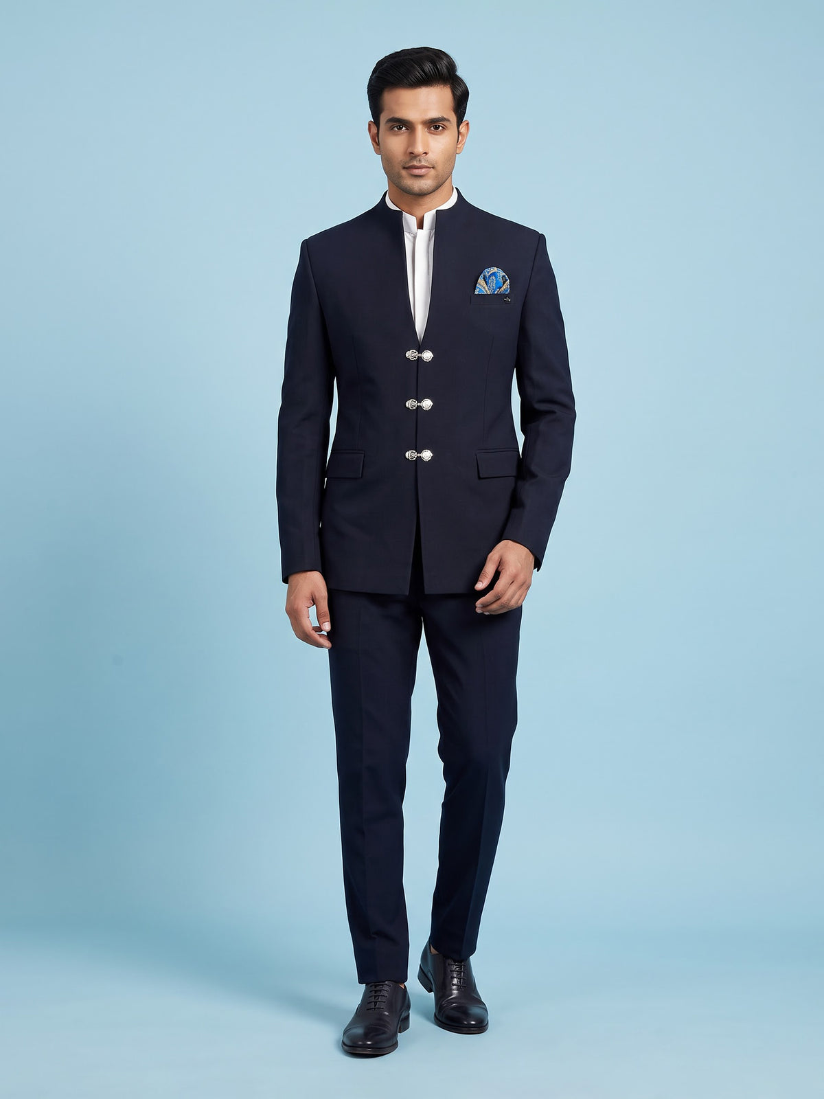 Midnight mens blue terry rayon clasp detail jodhpuri suit