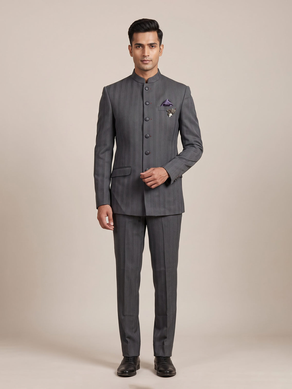 Charcoal mens grey refined textured poly-viscose jodhpuri suit for weddings