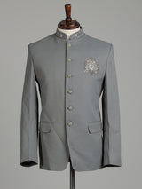 Grey mens tonal zardosi medallion bandhgala jodhpuri suit for weddings