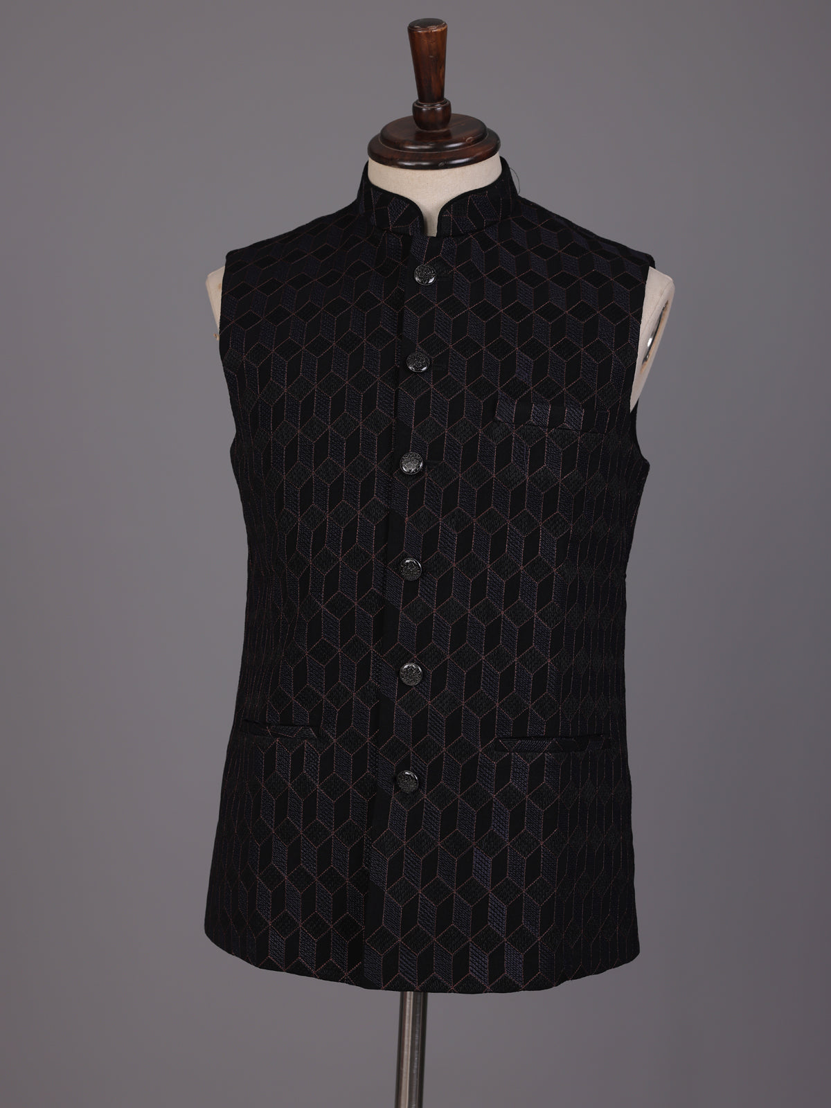 Black jacquard textured waistcoat with tonal metallic buttons for mens