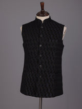 Black jacquard textured waistcoat with tonal metallic buttons for mens