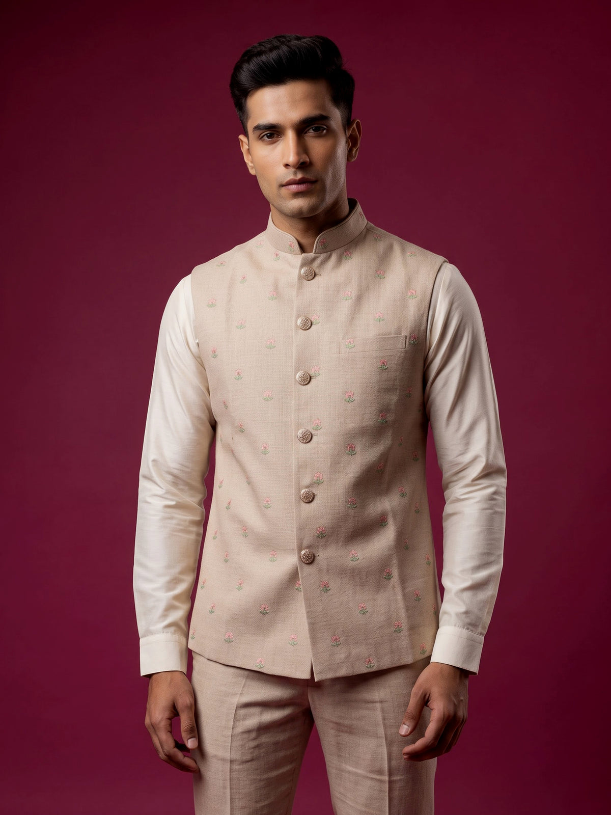 Light peach textured butti waistcoat with metallic buttons for mens