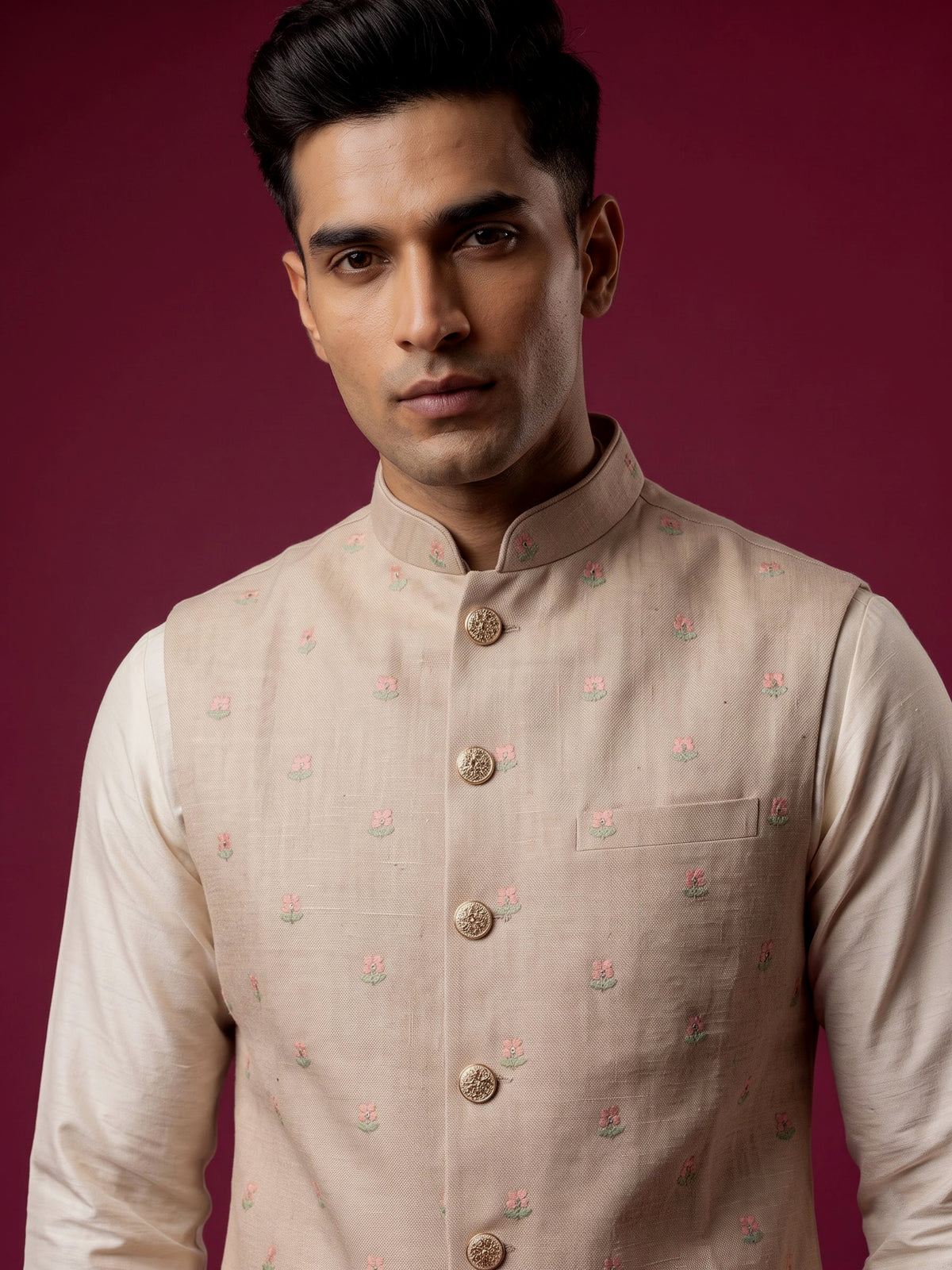 Light peach textured butti waistcoat with metallic buttons for mens