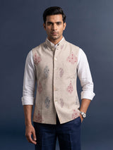Beige linen-silk aabla sequined waistcoat with glossy buttons for mens