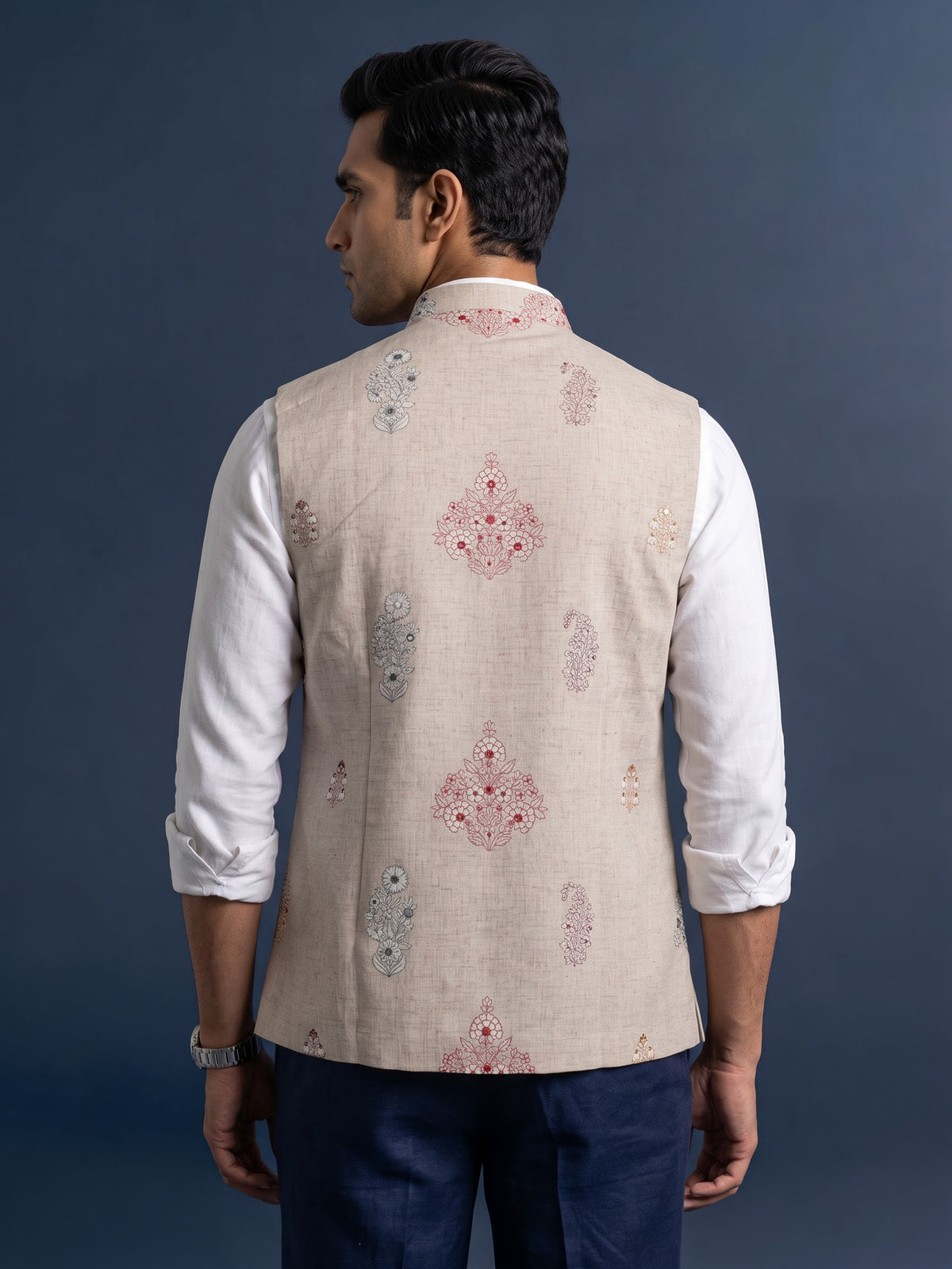 Beige linen-silk aabla sequined waistcoat with glossy buttons for mens