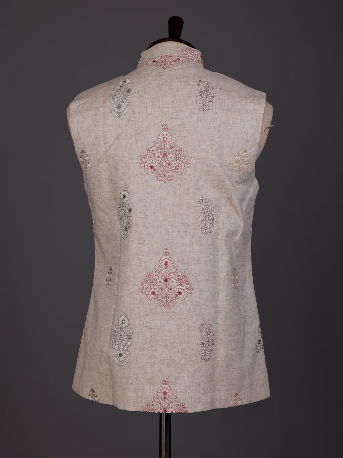 Beige linen-silk aabla sequined waistcoat with glossy buttons for mens