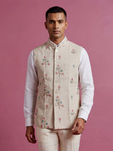 Beige textured linen-silk sequined waistcoat with glossy buttons for mens