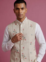 Beige textured linen-silk sequined waistcoat with glossy buttons for mens
