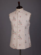 Beige textured linen-silk sequined waistcoat with glossy buttons for mens