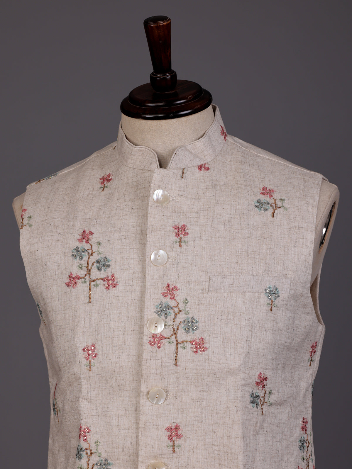 Beige textured linen-silk sequined waistcoat with glossy buttons for mens