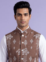 Brown textured sequined waistcoat with glossy statement buttons for mens